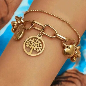🆕️18K Gold Plated Stainless Steel Tree of Life Charm Bracelet w Hearts & Beads